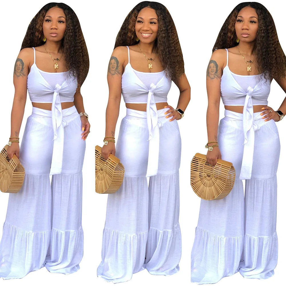 High Quality 2026 Spring Clothes Women Solid Color Lace-Up Vest Long Wide Leg Pants Crop Top 2 Piece Set Secondary image