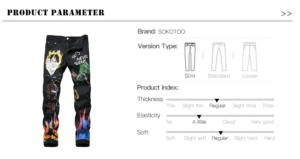 Sokotoo Men's fashion letters flame black printed jeans Slim straight colored painted stretch pants