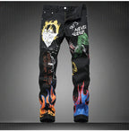 Sokotoo Men's fashion letters flame black printed jeans Slim straight colored painted stretch pants