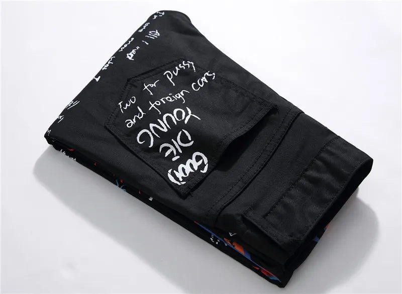 Sokotoo Men's fashion letters flame black printed jeans Slim straight colored painted stretch pants
