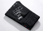Sokotoo Men's fashion letters flame black printed jeans Slim straight colored painted stretch pants