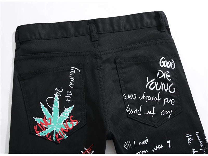 Sokotoo Men's fashion letters flame black printed jeans Slim straight colored painted stretch pants