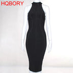 HQBORY Sexy sleeveless Vintage Black Bandage Dress Summer Women Slim Runway White Dress Bodycon Tank Turtleneck XL Vestido