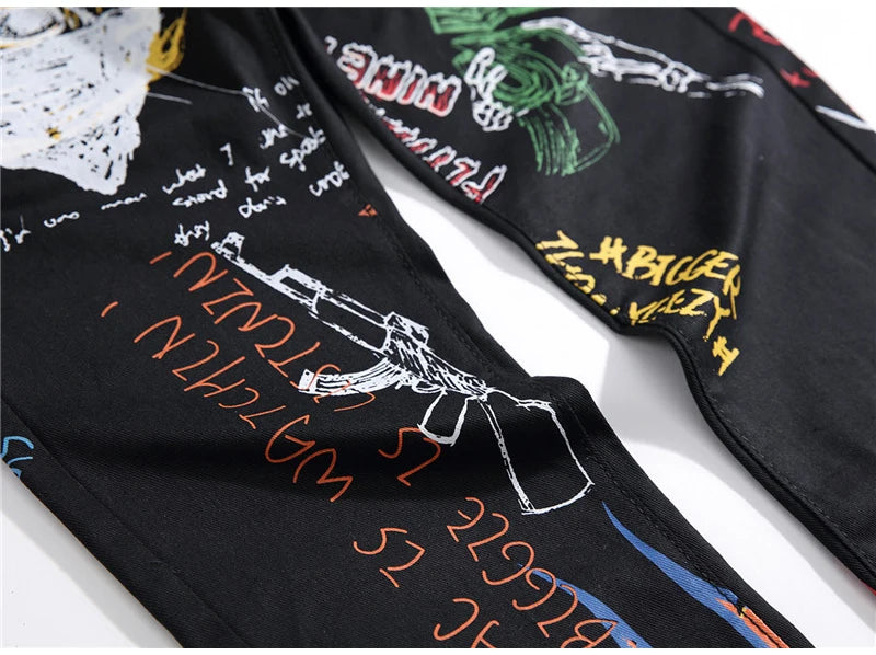 Sokotoo Men's fashion letters flame black printed jeans Slim straight colored painted stretch pants