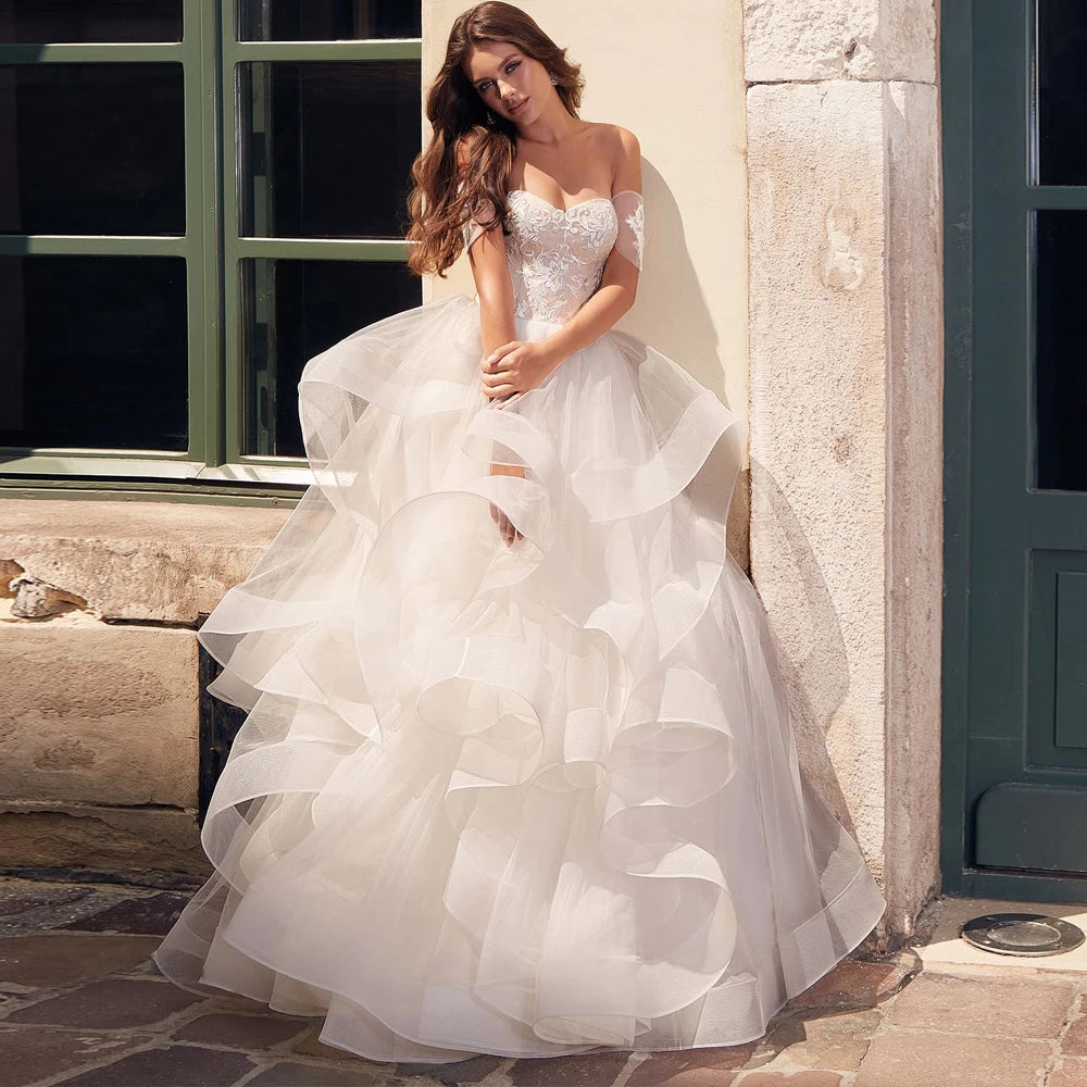 Exquisite Off-shoulder Princess Wedding Dress Customized Appliques Cascading Ruffles Puffy Tulle Bridal Gown  Vestidos de Novia Main image