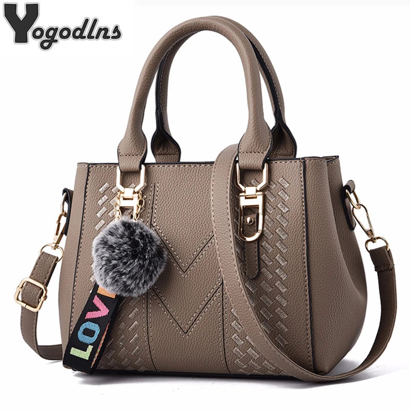 Embroidery Messenger Bags Women Leather Handbags Bags for Women Sac a Main Ladies hair ball Hand Bag Main image