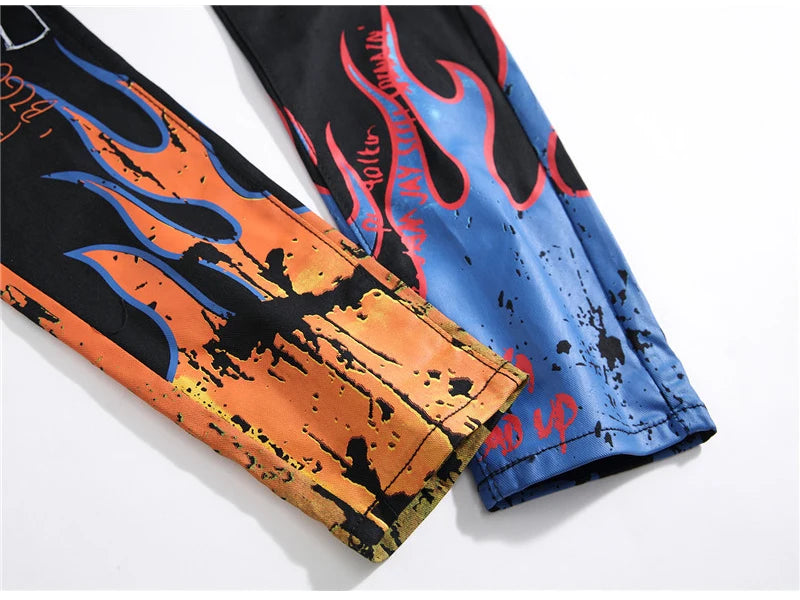 Sokotoo Men's fashion letters flame black printed jeans Slim straight colored painted stretch pants