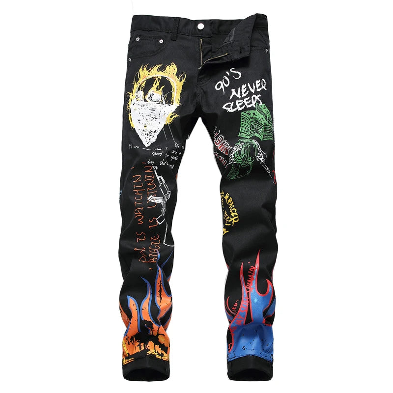 Sokotoo Men's fashion letters flame black printed jeans Slim straight colored painted stretch pants Main image