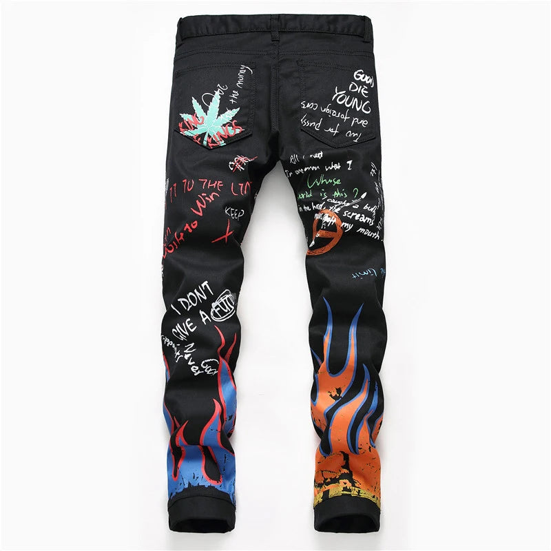Sokotoo Men's fashion letters flame black printed jeans Slim straight colored painted stretch pants Secondary image