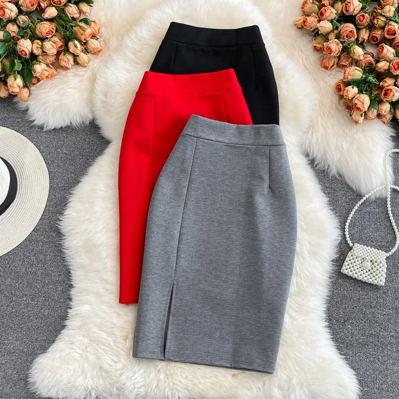 Women's Skirt Solid High Waist Work Pencil Skirt 2026 New Fashion Ladies Slim Fit Split Office OL Skirt Grey Red Black Skirts Main image