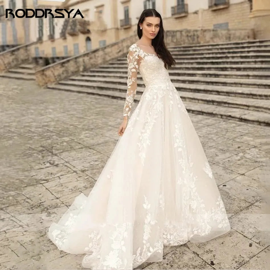 RODDRSYA Elegant O-Neck Wedding Dress Lace Up A-Line Applique Tulle Long Sleeves Beach Bride Gowns vestidos de novia Customized Secondary image
