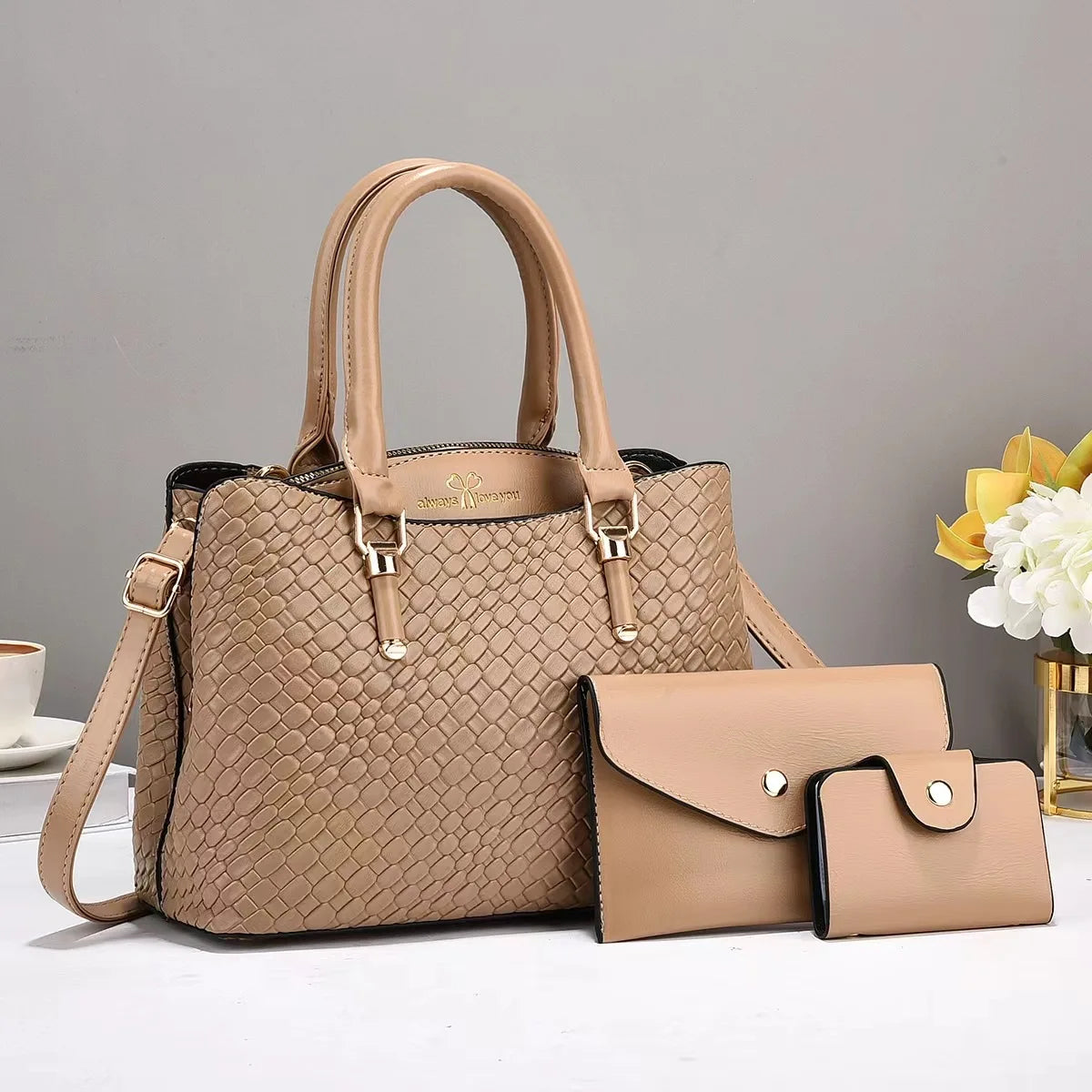 2026 New Style Vintage Woven Texture Three-piece Set Large Capacity Single Shoulder Diagonal Zipper Women's Mother-in-law Bag Secondary image