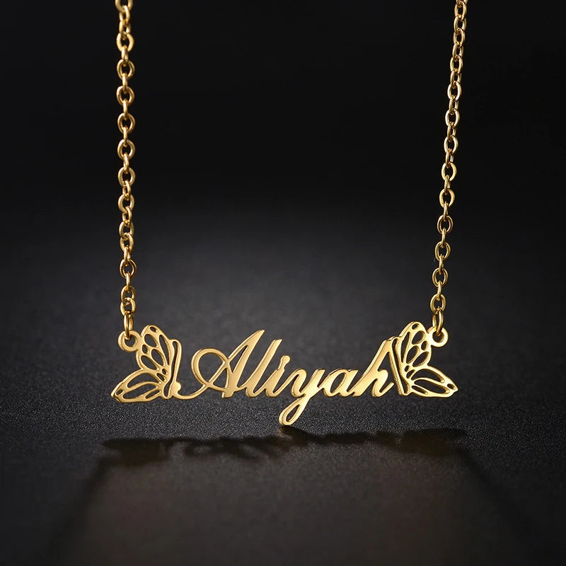 Custom Name Necklace Double Butterfly Letter Name Pendant Stainless Steel Necklace Personalized Gift for Women Men Hainon 2818