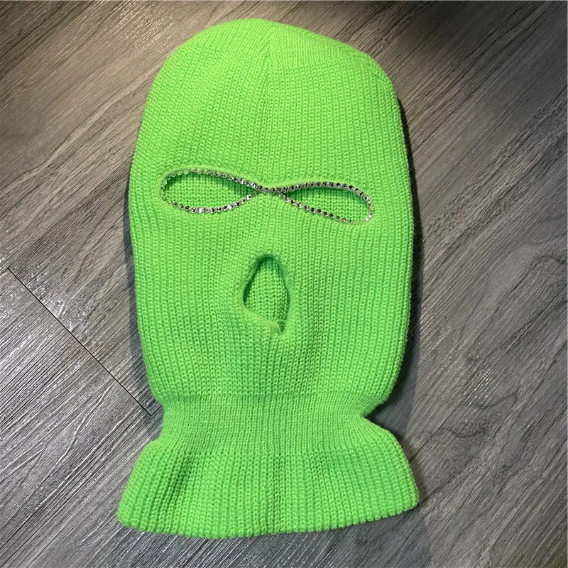 Shining Diamond Balaclava Face Mask Women Pink Sport Knitted Fleece Ski Mask for Women Three Hole Hat Shiny Rhinestone