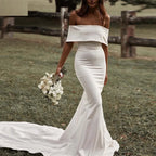 13056#Simple Off-Shoulder Elegant Short Sleeves Backless Wedding Dress Mermaid Buttons Sweep Train Soft Satin Bridal Gown