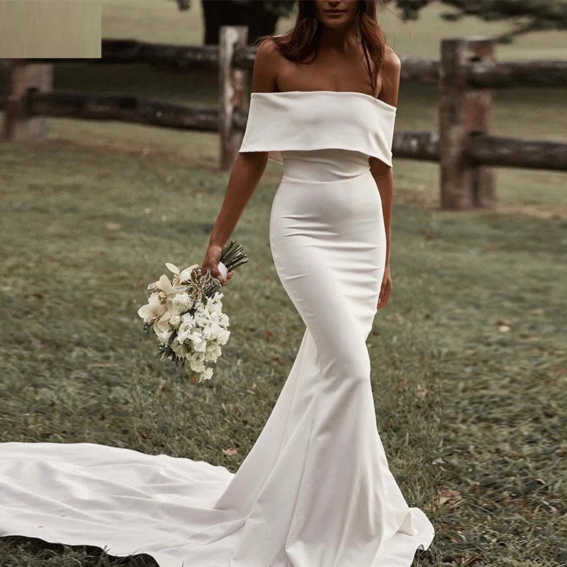 13056#Simple Off-Shoulder Elegant Short Sleeves Backless Wedding Dress Mermaid Buttons Sweep Train Soft Satin Bridal Gown Main image