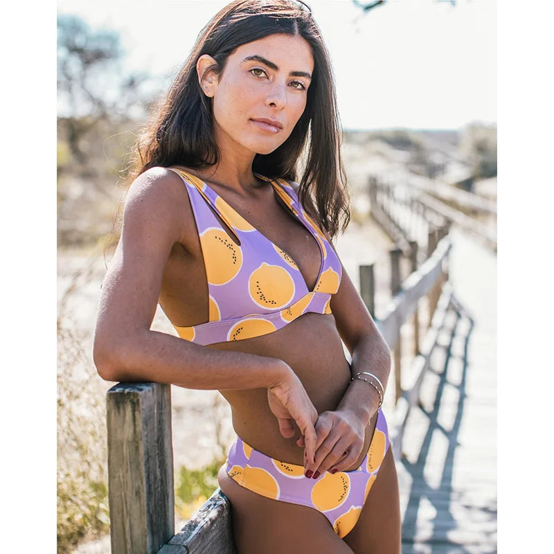 2026 Sexy Brazilian Bikini Swimwear Women Halter Push Up Bikini Set Swimsuit Female Lemon Print Bandage Biquini Bathing Suit XL