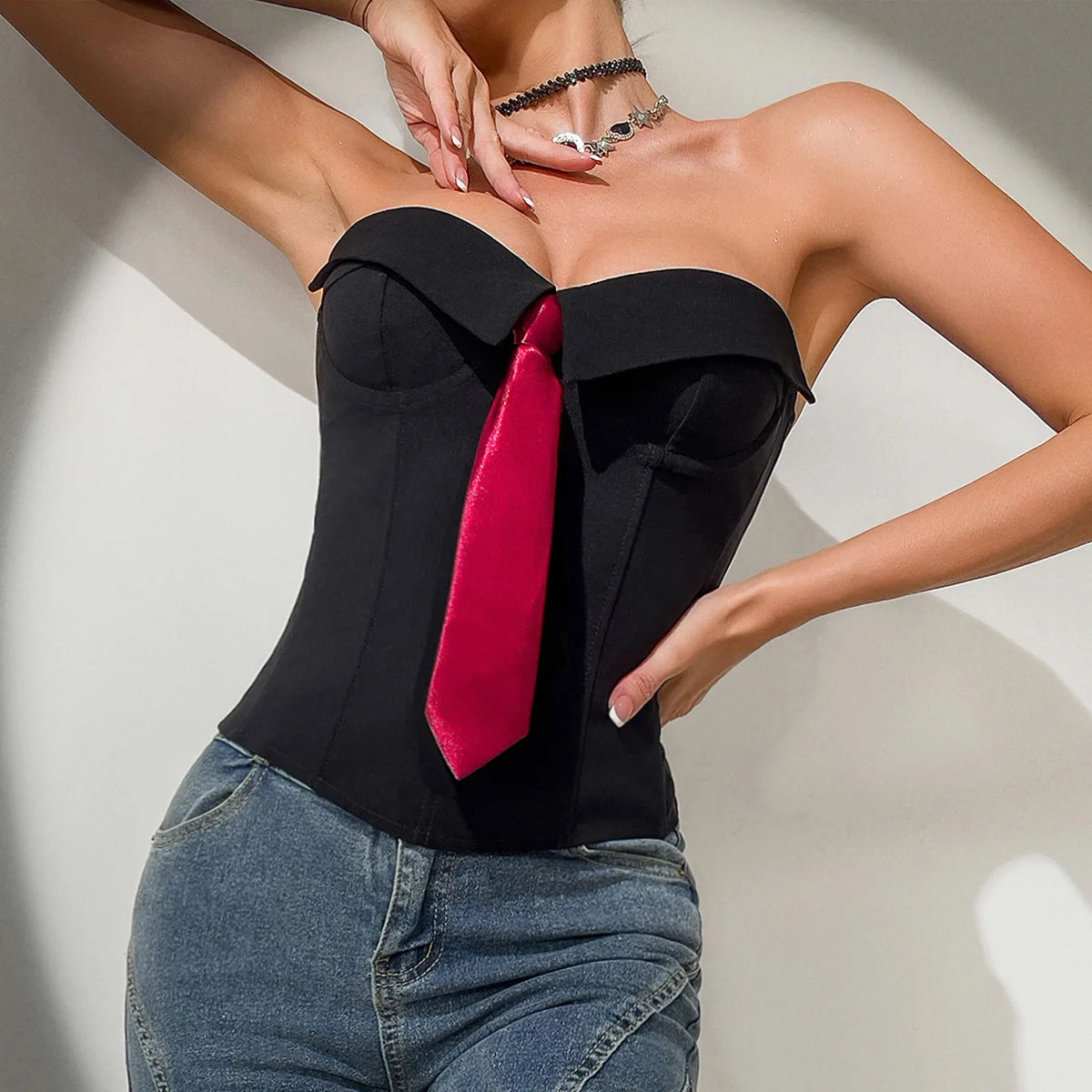 Street Sle Spicy Girl Wrap Chest Tie Pure Desire Color Small Vest Women's Faion Trend Ort Sve Top Corset Tights Secondary image