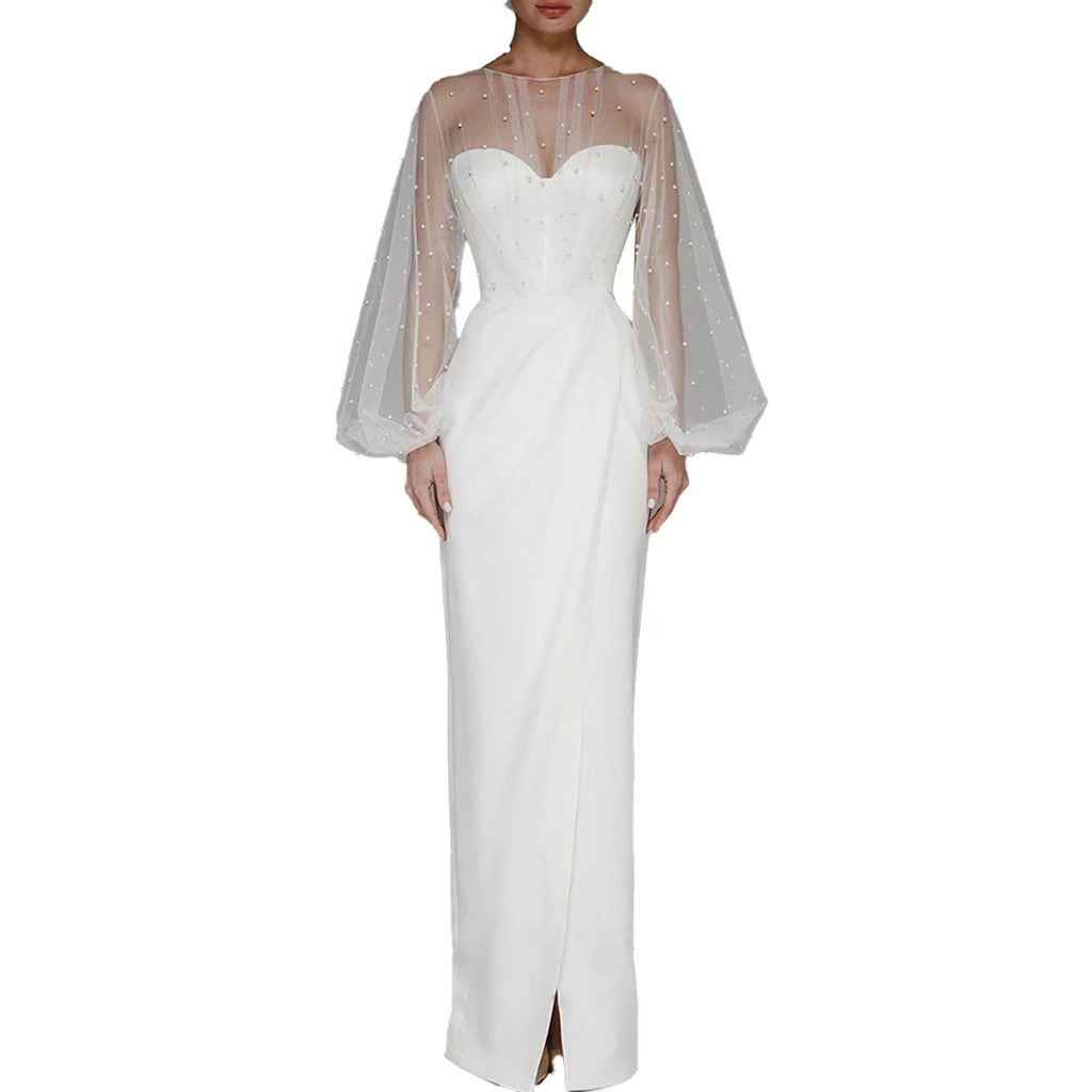 Women O-Neck Solid Loose Floor Length Dress Tulle Pearl Top Long Sleeves Evening Dresses