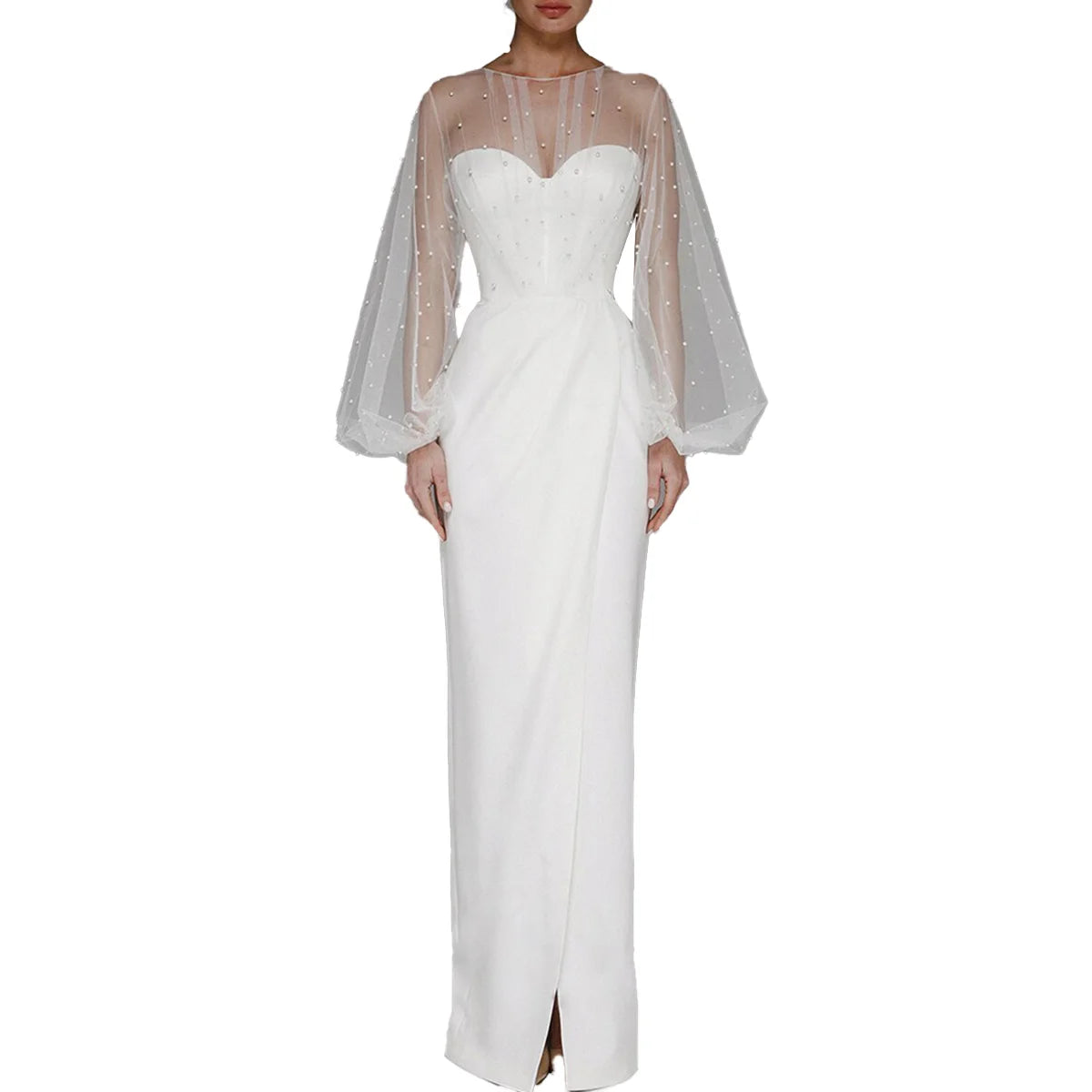 Women O-Neck Solid Loose Floor Length Dress Tulle Pearl Top Long Sleeves Evening Dresses Main image