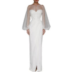 Women O-Neck Solid Loose Floor Length Dress Tulle Pearl Top Long Sleeves Evening Dresses