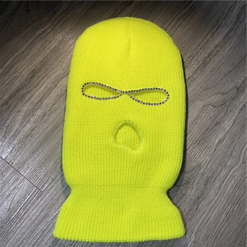 Shining Diamond Balaclava Face Mask Women Pink Sport Knitted Fleece Ski Mask for Women Three Hole Hat Shiny Rhinestone