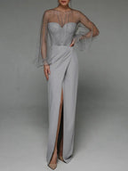 Women O-Neck Solid Loose Floor Length Dress Tulle Pearl Top Long Sleeves Evening Dresses