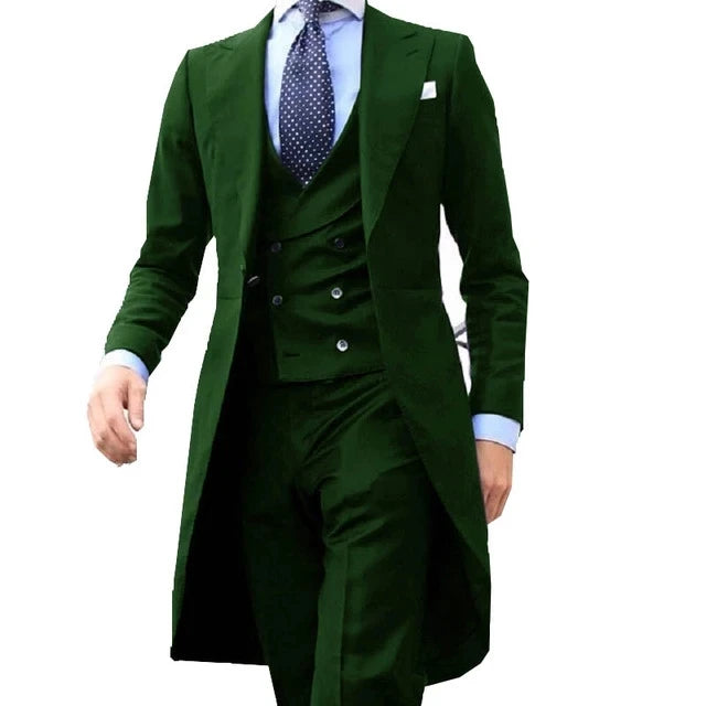 2023 New Arrivel Long Coat Designs Chinese Red Men Suit Gentle mens Tuxedo Prom Blazer Custom 3 Pieces (Jacket+vest+Pants)