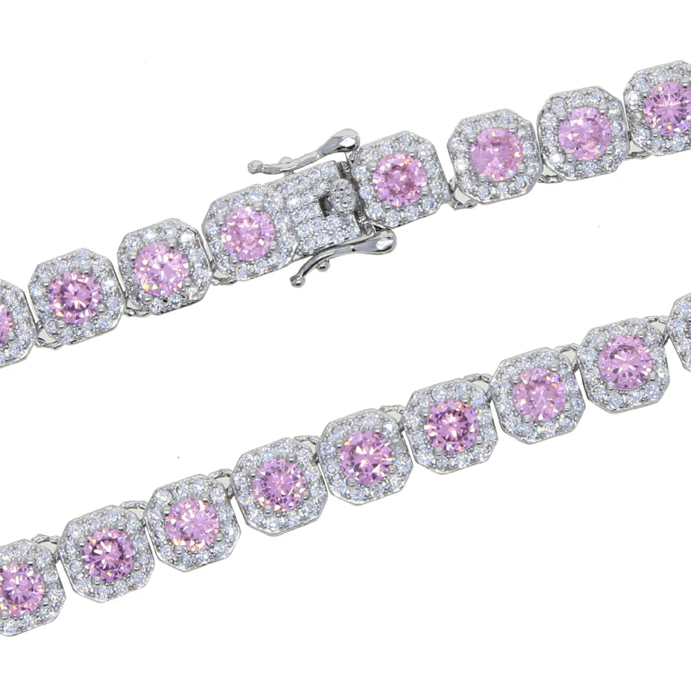Iced Out Bling pink Diamond Hip Hop Women Charm Jewelry Geometric square Cubic Zirconia Cz Cluster Tennis Necklace