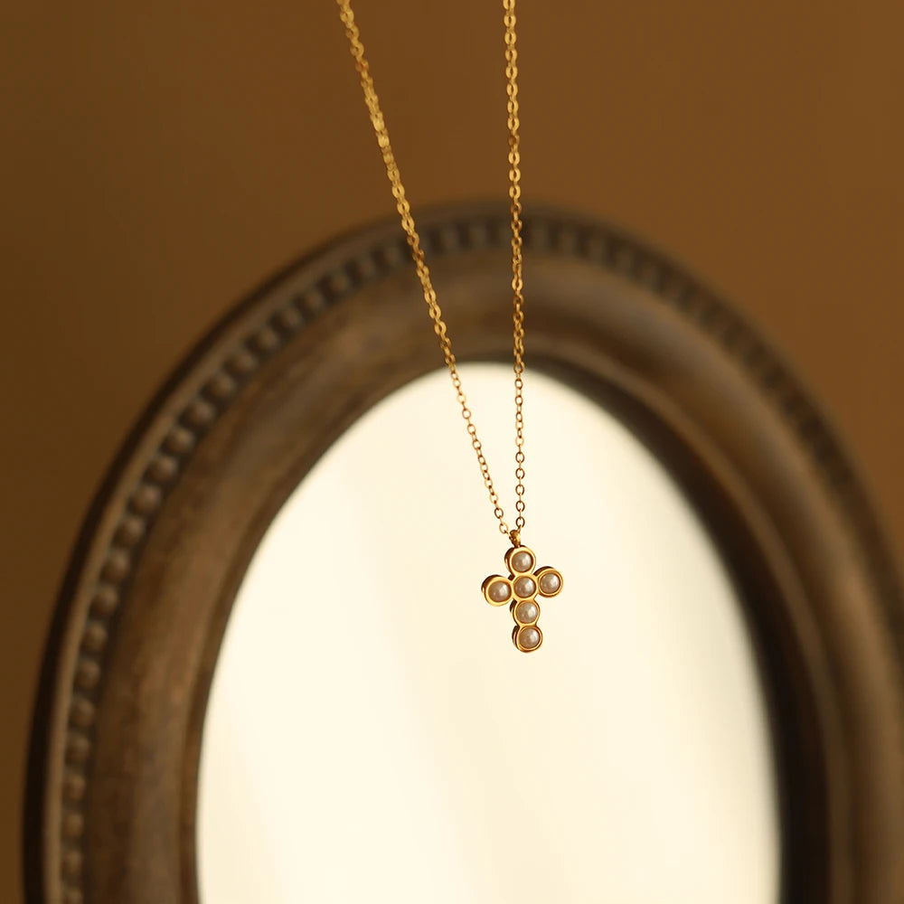 Collier Femme Moge Jewelry Small Pearl Bead Inlay 18K Gold Plated Stainless Steel Pearl Cross Necklace for Girls Main image
