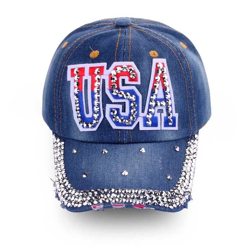 Popular Men Women Adjustable Hip Hop Trucker Hats Cotton USA Sports Caps Rhinestone American Flag Baseball Caps Main image