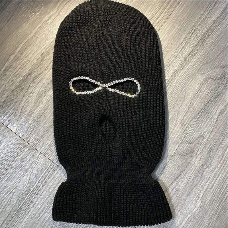 Shining Diamond Balaclava Face Mask Women Pink Sport Knitted Fleece Ski Mask for Women Three Hole Hat Shiny Rhinestone