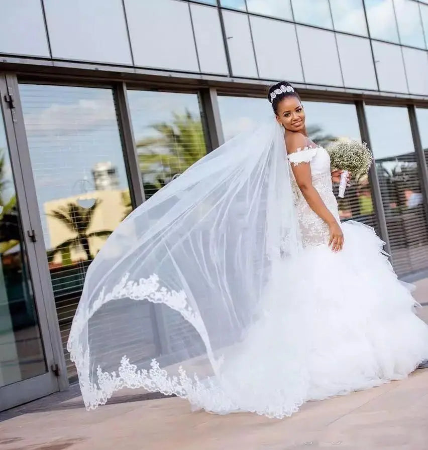 Tassel Train African Mermaid Wedding Dresses 2020 Cap Sleeve lace up Back Embroidery Trumpet Lace Wedding Dress Secondary image