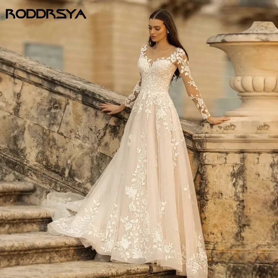 RODDRSYA Elegant O-Neck Wedding Dress Lace Up A-Line Applique Tulle Long Sleeves Beach Bride Gowns vestidos de novia Customized Main image
