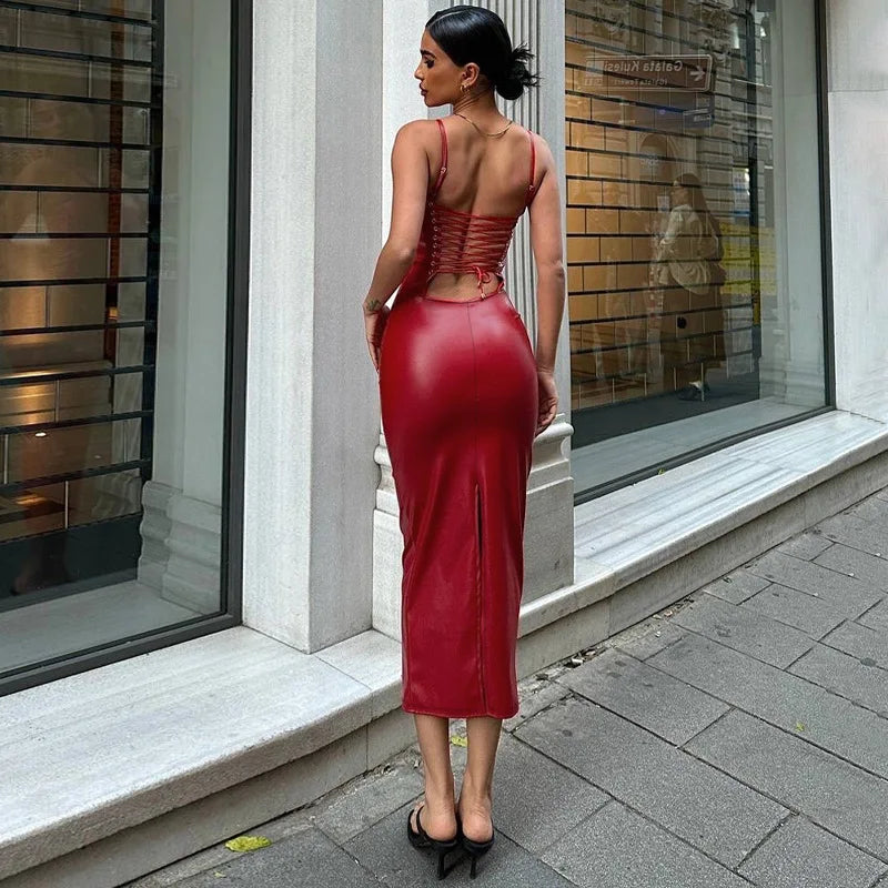 Dropship Agent Boutique Popular Pu Leather Sexy Fashion Backless Maxi Women's Dresses Secondary image