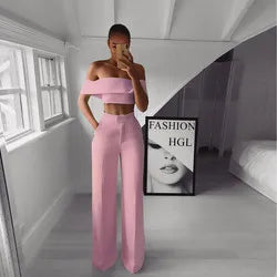 Women's Solid Color Pants & Trousers Fashionable One-word Shoulder Top Wide Leg Pant 2 Piece Pants Set Secondary image