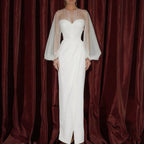 Women O-Neck Solid Loose Floor Length Dress Tulle Pearl Top Long Sleeves Evening Dresses