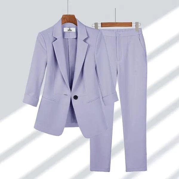 2025& 2026 Women's New V-neck Big Collar Solid Color One Button Professional Set Casual Nine Sleeve Suit Set Women's Wear
