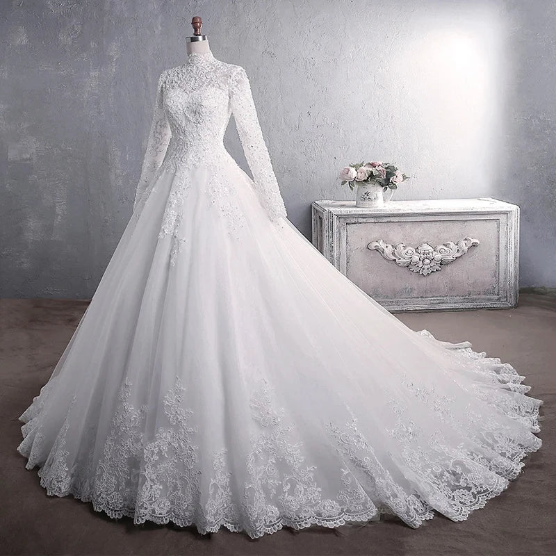 Muslim Wedding Dress 2026 Elegant High Neck With Train Princess Bride Dress Luxury Lace Embroidery Wedding Gown Vestido De Noiva