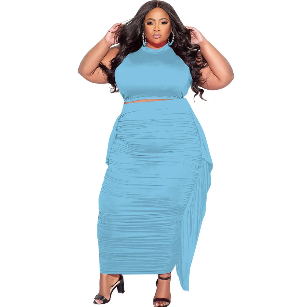 2026 Women's Summer Collection Stylish Casual Plus Size Clothing Set Sexy Tight Sleeveless Top Fringed Skirt Tassels Solid Secondary image
