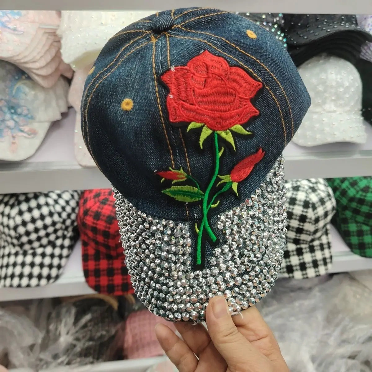 Wholesale Red Rose Hats for Women Bling Rhinestone Baseball Cap With Embroidered Rose Flower Denim Baseball Cap Woman Secondary image