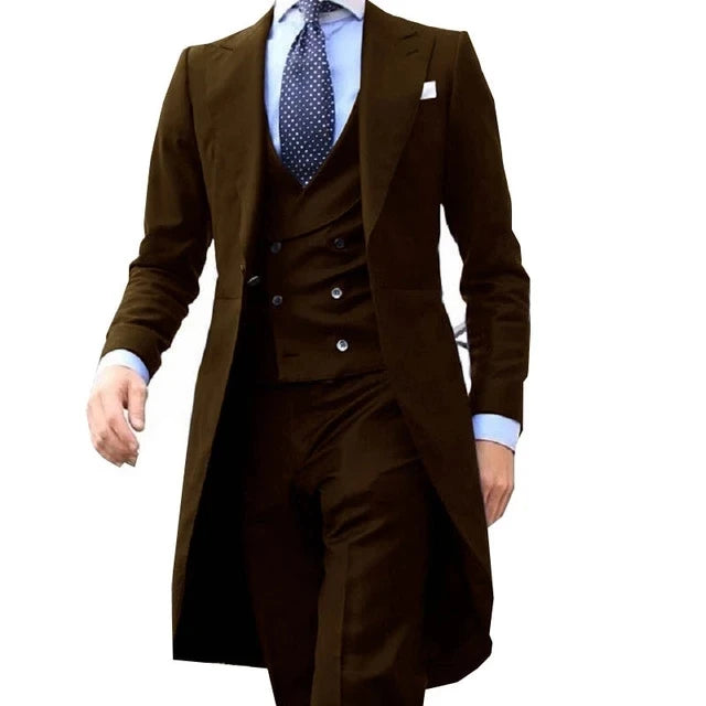 2023 New Arrivel Long Coat Designs Chinese Red Men Suit Gentle mens Tuxedo Prom Blazer Custom 3 Pieces (Jacket+vest+Pants)