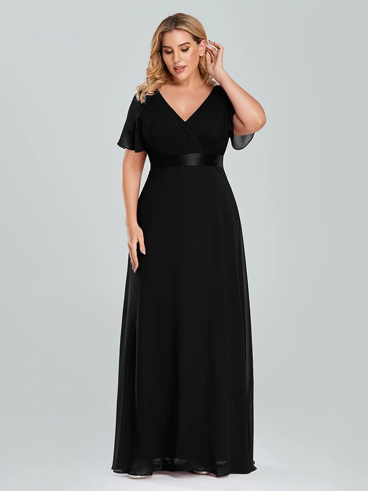 Plus Size Evening Dresses Long XUCTHHC Elegant A Line V Neck Ruffles Chiffon Formal Wedding Party Dress Robe De Soiree 2021