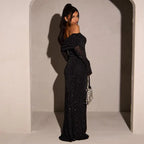 Black Sequin One-Shoulder Evening Gown for Women High-End Party Dress