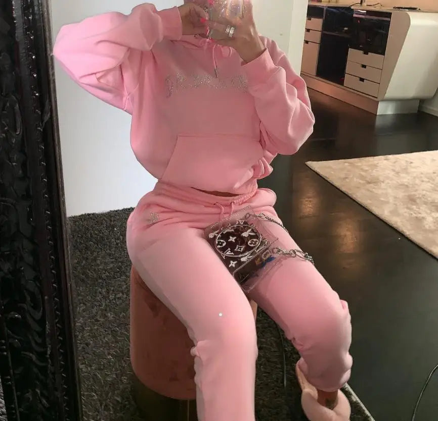 Diamonds Tracksuit 2 Piece Set Women Oversize Hoodies Sweatshirt Sweatpants Joggers Sport Pant Suits Femme Outfits Sweatsuits