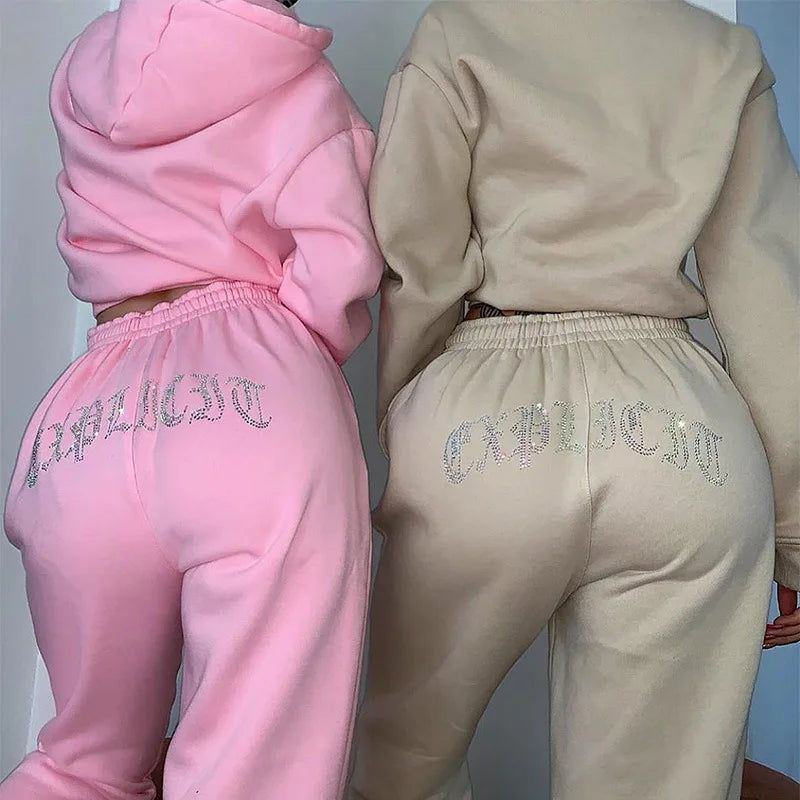 Diamonds Tracksuit 2 Piece Set Women Oversize Hoodies Sweatshirt Sweatpants Joggers Sport Pant Suits Femme Outfits Sweatsuits