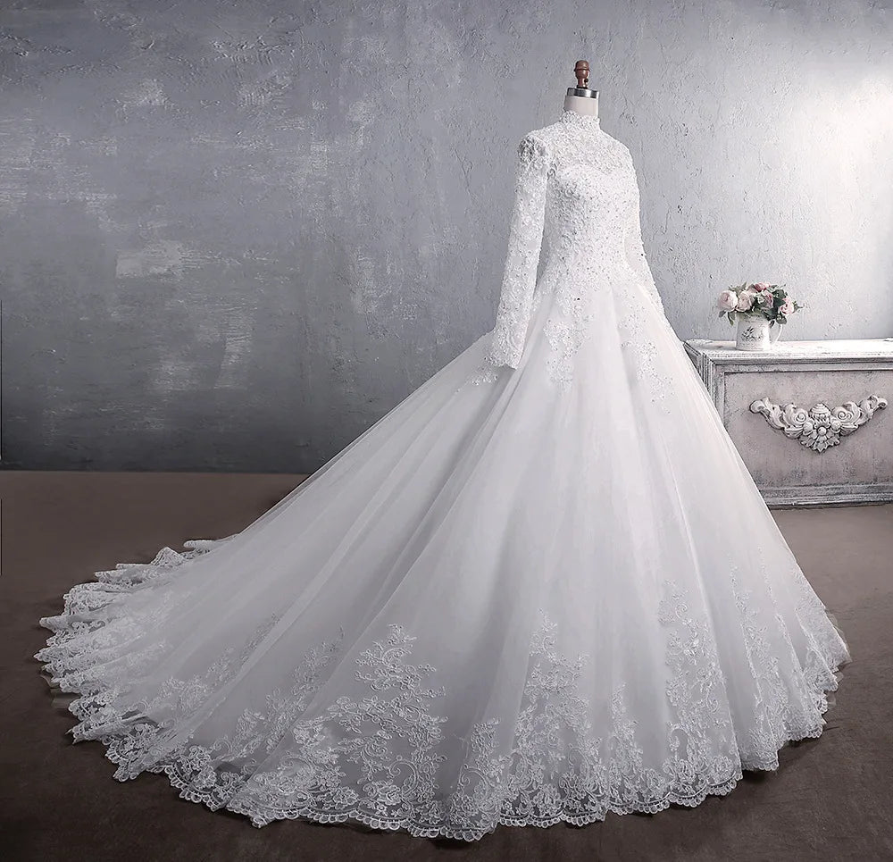 Muslim Wedding Dress 2026 Elegant High Neck With Train Princess Bride Dress Luxury Lace Embroidery Wedding Gown Vestido De Noiva