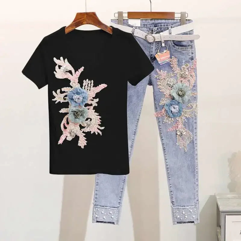 One-Piece/Set 2025 & 2026 Summer New Women Denim Pants Beaded Embroidery Short-Sleeved + Small Feet Hole Jeans Female Two-Piece Suit425 Secondary image