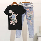 One-Piece/Set 2025 & 2026 Summer New Women Denim Pants Beaded Embroidery Short-Sleeved + Small Feet Hole Jeans Female Two-Piece Suit425