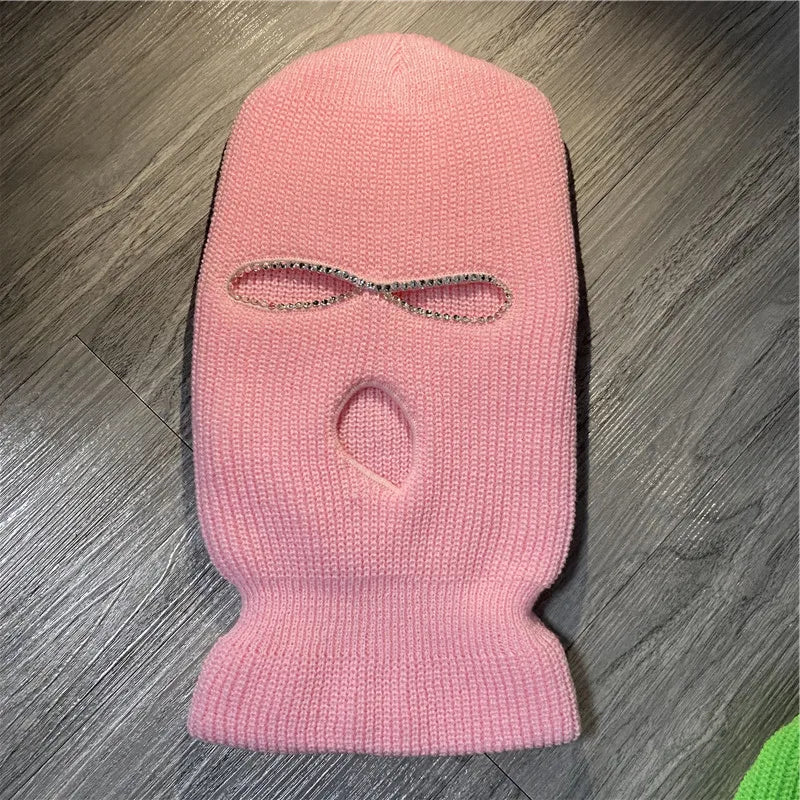 Shining Diamond Balaclava Face Mask Women Pink Sport Knitted Fleece Ski Mask for Women Three Hole Hat Shiny Rhinestone
